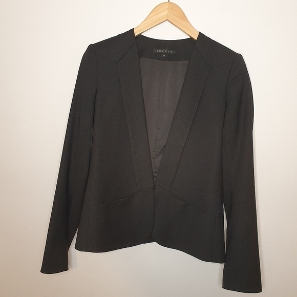 Theory Collarless Virgin Wool Open Front Black Blazer Size 00 - Picture 3 of 9